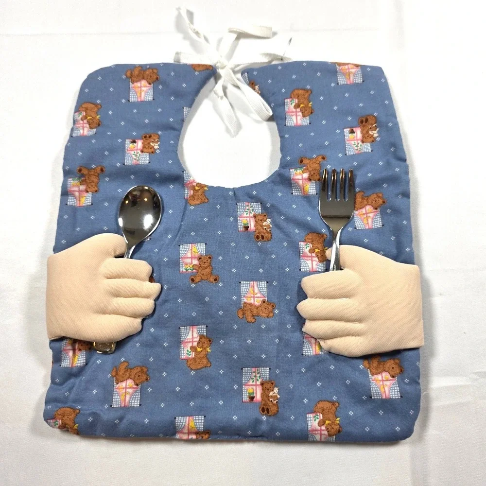 Vintage 1980 Handmade Teddy Bear Bib Set with 3D Hands and First Years Utensils